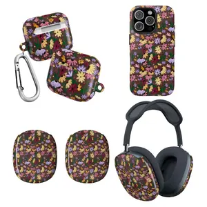 Rustic Hand-Painted Wildflower Meadow Tech Collection - Deep Brown Botanical Floral Pattern Protective Cases for Phone, Earbuds, and Over-Ear Headphones - Vintage Indie Folk Inspired Aesthetic Accessories - Durable Soft-Touch Protective Shells