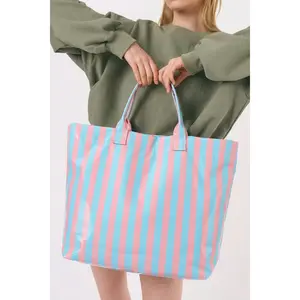 Light Blue Glossy Striped Vinyl Large Tote Bag