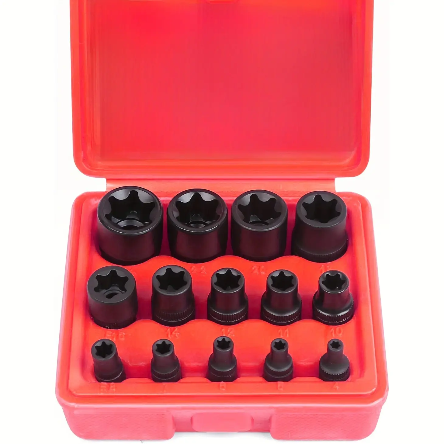 14-Piece Premium Female E-TORX Drive Socket Kit - External Torque Tools, Plum Blossom Sockets, Red Storage Case, Mechanical Task Solution, Drive Socket Set