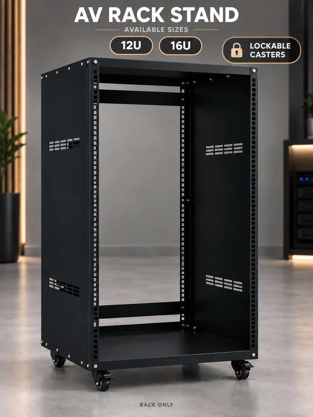 [NEW] GARVEE 12U Open Frame AV Server Rack with Lockable Casters, Removable Side Panels & Vents for 19 in Audio, Network and IT Equipment