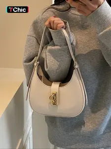 Women's Solid Color PU Shoulder Bag, Stylish Crescent Moon Handbag for Shopping, Commuting, Office Use, Hobo Shoulder Bag