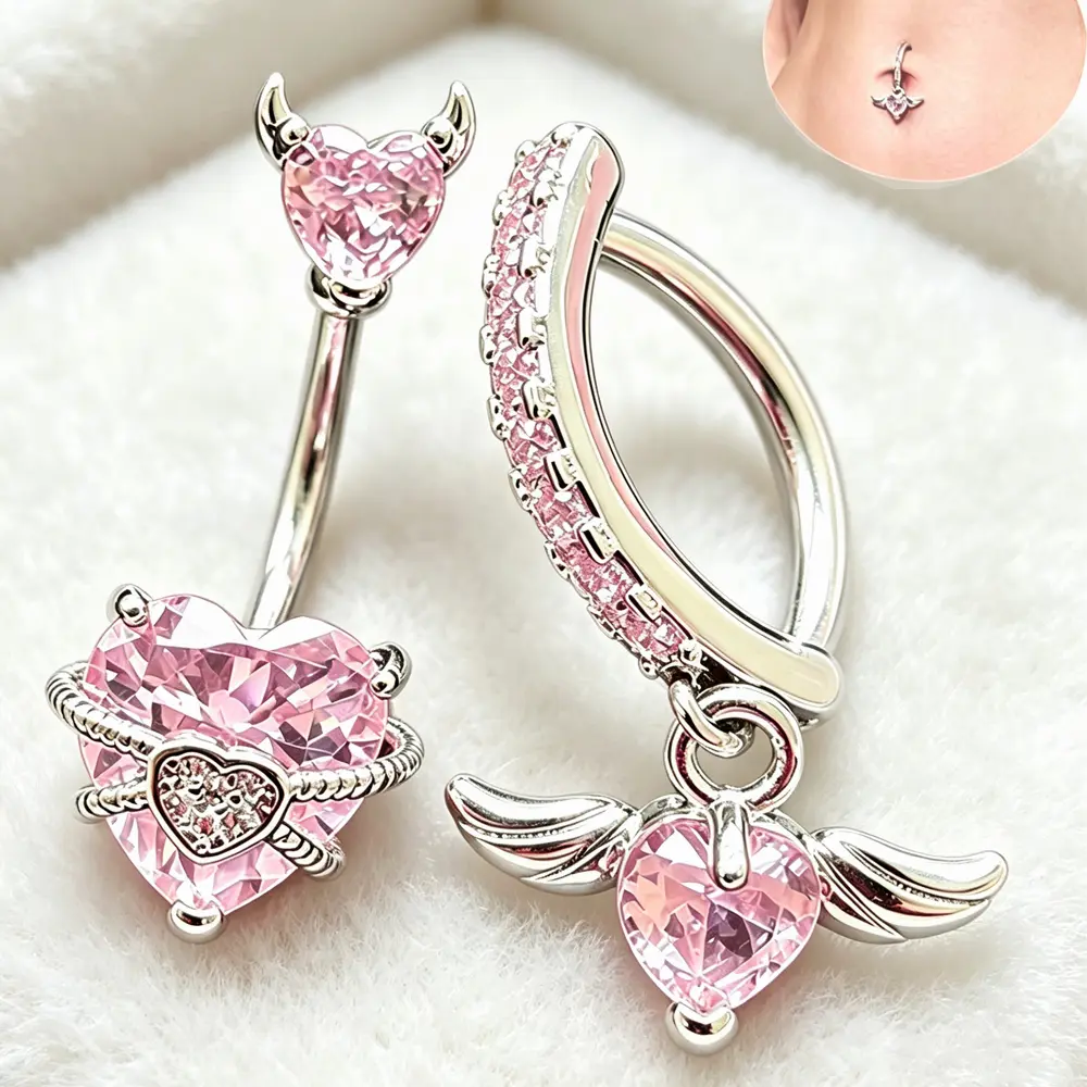 2PCS Belly Button Rings with Pink Crystal Devil Heart Wing Design,14G Floating Navel Belly Piercing Kit Belly Piercing Jewelry Perfect Gifts or Women