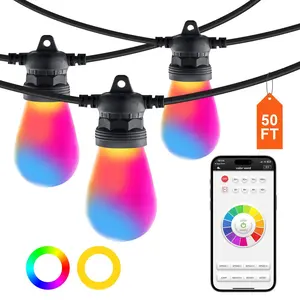 【fathersdaygift】VEVOR RGB Outdoor String Lights 50FTOutside Patio Lights with APP Control 15 Bulbs15 Single-Color Adjustable Brightness Time SettingWaterproof Hanging Lights for Halloween Decorations Christmas
