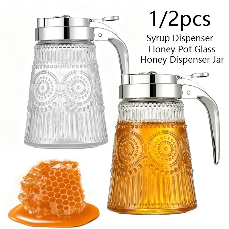 1/2pcs Glass Syrup Dispenser Bottle for Maple Syrup, Honey Pot or Sugar Jar W/Handle Shaker For Pancakes, Coffee, Cereal Bowl, Tea, Reusable Glass Bottles Storage Bottles