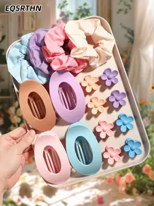 16Pcs Hair Accessories Set: Large Flat Hair Clips + Cute Flower Mini Clips + Soft Satin Scrunchies, Aesthetic Macaron Colors Hair Styling Kit for Girls & Women Gift