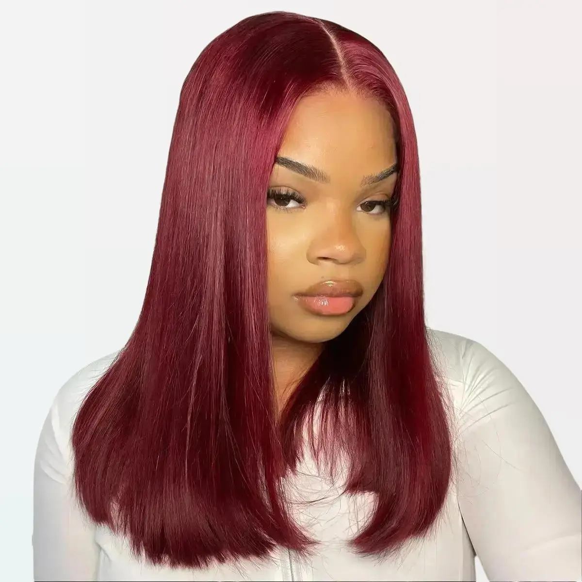 Arabella Designer 6x5 Glueless Frontal Lace Wig, Human Hair Long Bob with 99J# Burgundy Red Blunt Cut, Super Silky Straight Grab-to-Go Frontal Wigs, Glueless Wigs Human Hair