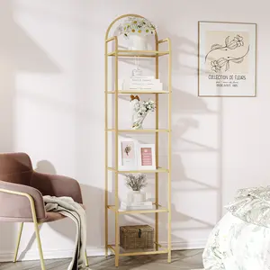 Bookcase Bookshelf, Tempered Glass Bookshelves, Slim Shelving Unit for Bedroom, Bathroom, Home Office, Steel Frame, 5/6 Tier