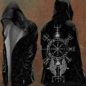 Viking Runes Hooded Cardigan �C Norse Mythology Open Front Cloak for Men, Vegvisir Compass & Tree of Life Design, Soft Fleece Lined Gothic Streetwear Jacket Menswear Aesthetic Cultural Fashion Stylish Sweatshirts Tops Casual Long Sleeve Style 2