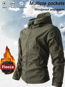 Men's Sharkskin Soft Shell Jacket, Windproof Thickened Warm Multi-Pocket Zip Hooded Coat, Casual Outdoor Wear