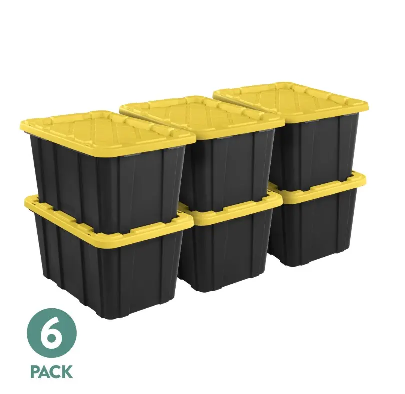 Large Storage Bin, 27 Gallon Durable Plastic Storage Tote with Snap-On Lid, Black and Yellow, 6 Pack
