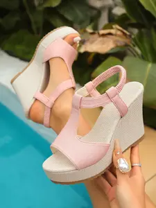 Women's Fashion T-Strap Straw Wedge Sandals, Beach Vacation Versatile Heeled Shoes, Textile Upper, Rubber Sole, Solid Color