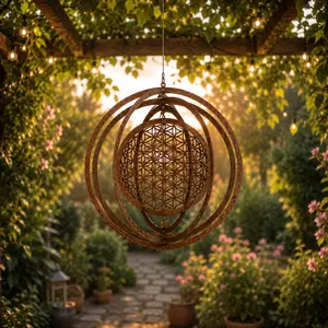 3D Kinetic Wind Spinner Flower of Life Metal Wind Spinner Hanging Sacred Geometry Yard Art Garden Decor Outdoor Wind Catcher Spherical Mandala Spinner Rustic Metal Wind Spinner Flower of Life Decor,Outdoor Wind Spinner,Hanging Garden Decor,Boho Garden Art