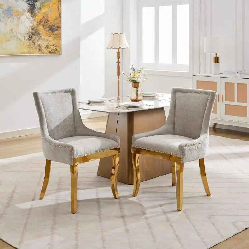 [SOIYELIFE] Chenille Dining Chairs, Modern Style with Curved Gold - Plated Legs & Rivet Trim, Upholstered Comfort for Dining/Lounge, Accent Seating with Textured Fabric & - Piece Structure, Beige,Set of 2 Cool furniture