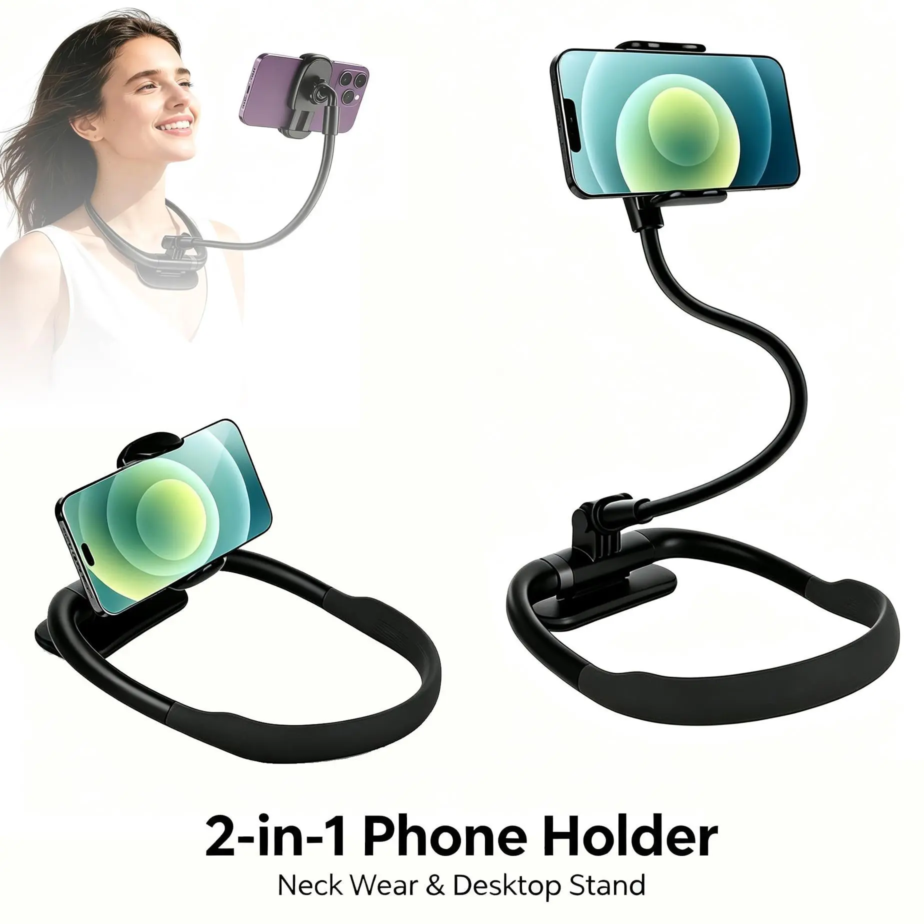 360 Degree Rotatable Clamp‑Head Flexible Gooseneck Neck Holder with Magnetic Detachable Neck Ring, Hands‑Free POV/Vlog Mount for Bed, Sofa, Desktop and Daily Use, Fits 4.7‑6.7 Inch Smartphones