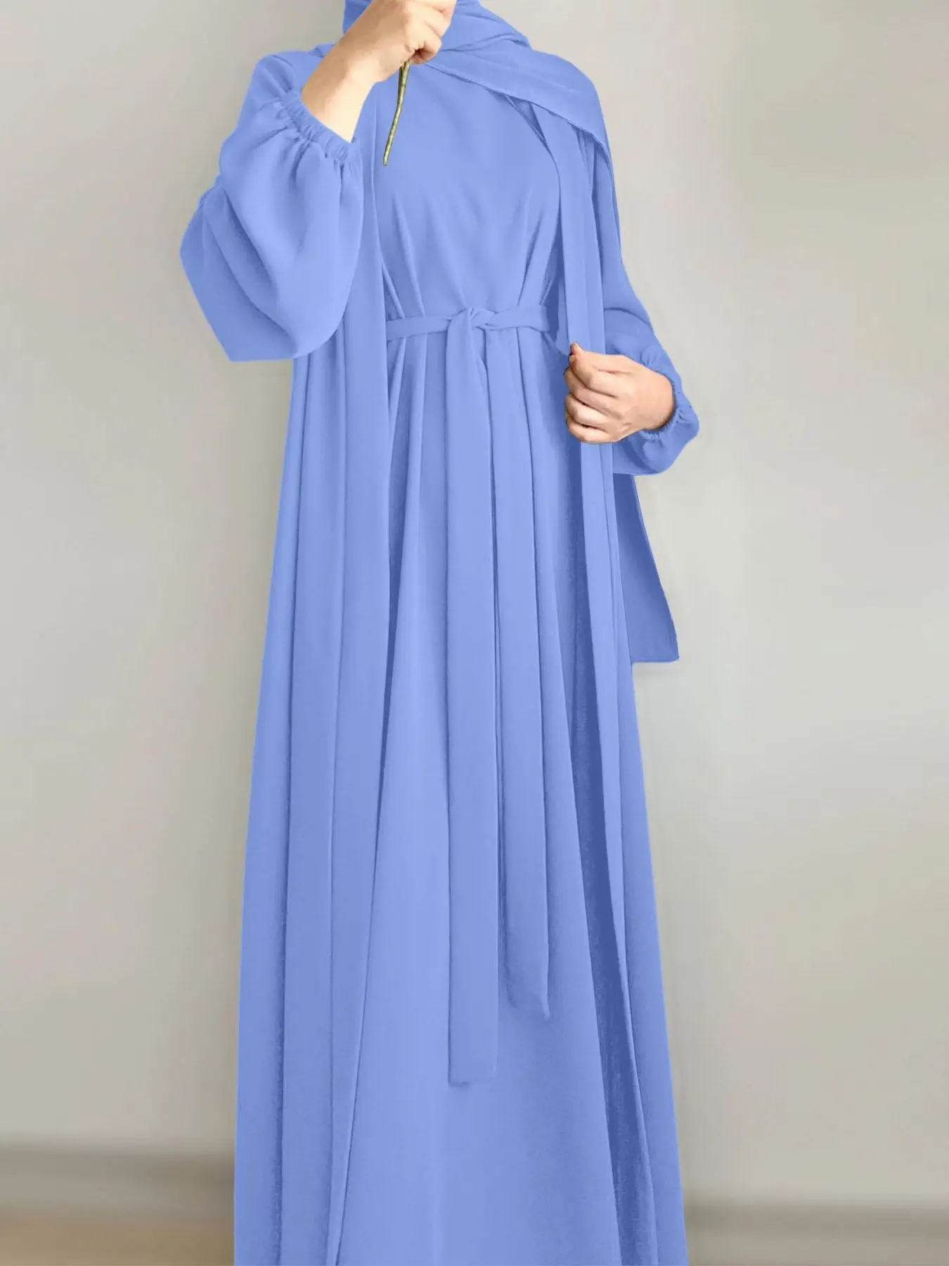 Women's Solid Color Abaya & Belted Dress Set, Modest Casual Long Sleeve Open Front Outerwear & Dress Set for Daily Wear, Ladies Islamic Clothing for