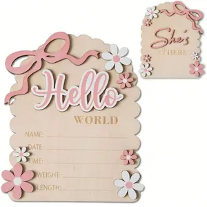 3D Hello World Newborn Welcome Sign Decor, She Came Card, Baby Announcement Creative Board, Infant Photography Prop Daisy Dual-Sided Card