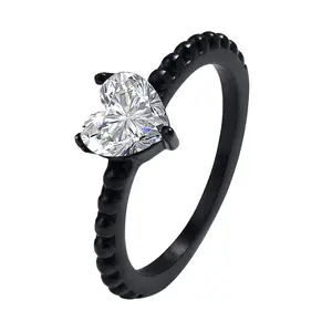 OIDEA Women's Black Stainless Steel Heart Cubic Zirconia Promise Ring - Stackable Crystal Set Heart-Shaped Metallic Ring for Engagement, Anniversary Gift, Cubic Zirconia Rings