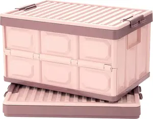 Pink Collapsible Storage Bins with Lids 2-Pack, 30L Folding Plastic Stackable Utility Crates, Durable Containers for Home & Garage Organization