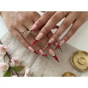 Luxury Leopard & Cherry Press On Nails: Extra Long Red Gold Stiletto Set