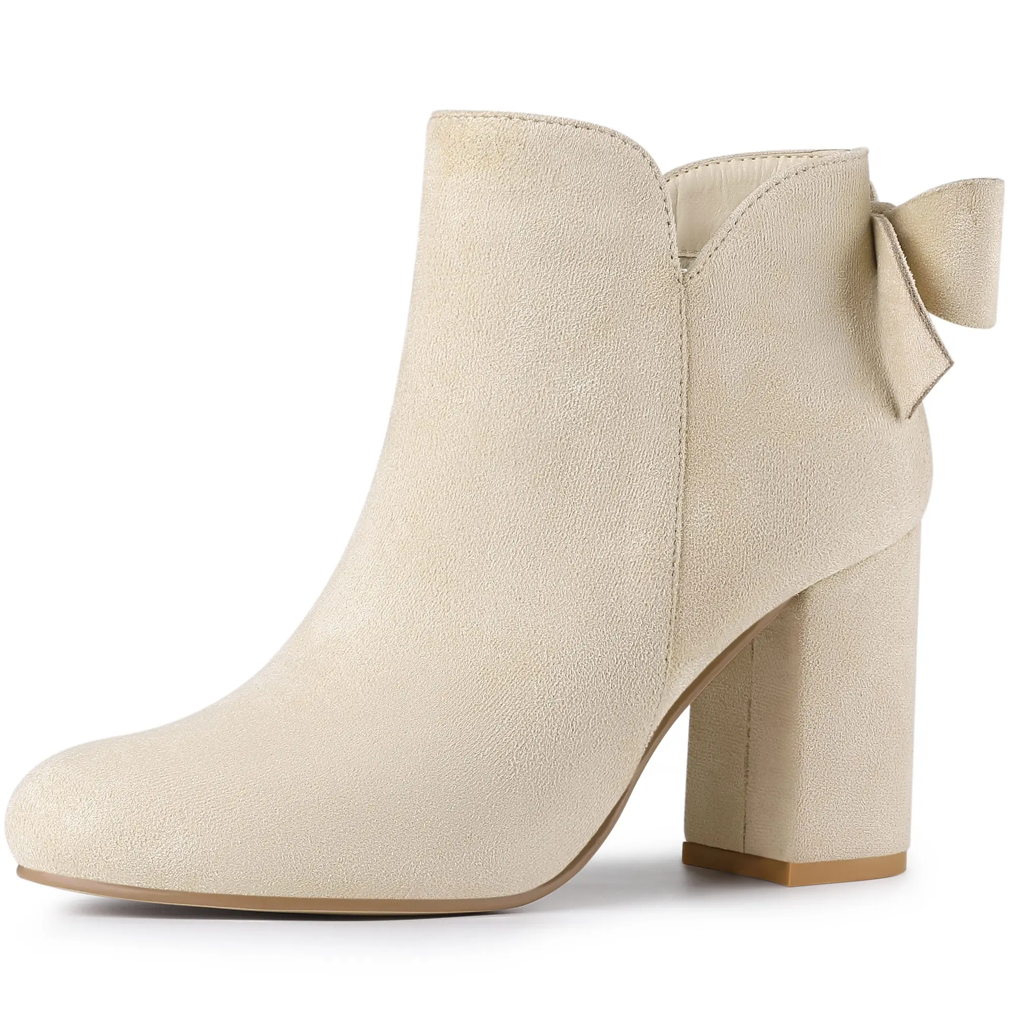BLISSFUL STEP Women's Round Toe Bow Decor Solid  Ankle Boot, Chunky Heel Ankle Boots