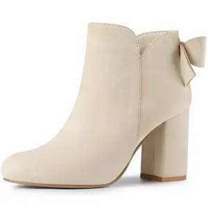 BLISSFUL STEP Women's Round Toe Bow Decor Solid  Ankle Boot, Chunky Heel Ankle Boots
