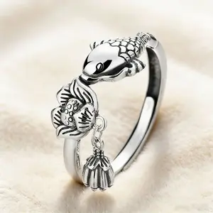 Pure Silver S925 Ethnic Style Yearly Abundance Koi Fish Vintage Retro Ring Fashionable and Unique Index Finger Ring