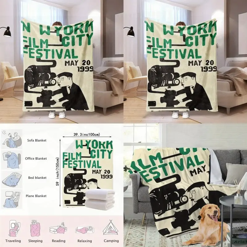 1999 New York City Film Festival Retro Flannel Throw Blanket - Soft Warm Modern Style Polyester Printed Blanket with NYC Film Festival Design Suitable for Home Office or Cinematic-Themed Dr All-Season Use hine Washable Multi Functional Drative Throw