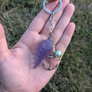Purple Seashell with Teal Pearl and Anchor Keychain