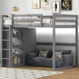 [Bellemave]Wood Full Size Loft Bed with Built-in Wardrobe and Storage Shelves, Led light, Gray