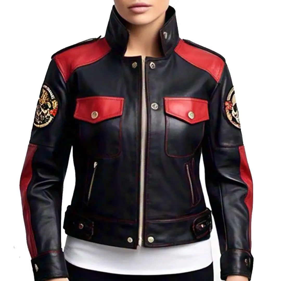 Women’s Black and Red Biker Leather Jacket with Embroidered Details