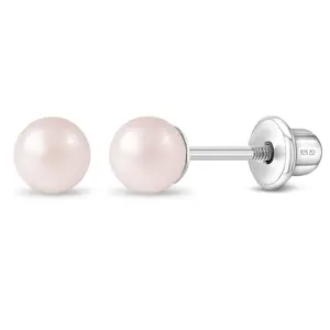 Pink Tone Synthetic Pearls 3-5mm Baby / Toddler / Kids Earrings Screw Back - Sterling Silver