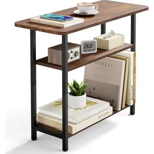 Living room side table, three-tier end table for small spaces with a wide tabletop, rustic brown narrow nightstand for bedroom and sofa/couch