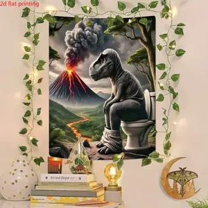 A Tapestry Featuring a Dinosaur to a Toilet by a Volcano, in a Quirky And Absurd Style, Tapestry Wall Mural, Tapestry Wall Hanging. This 2D Decorative Banner Is an Artistic Home Wall Decoration That Is Easy to Clean, Visually Appealing, And Durable