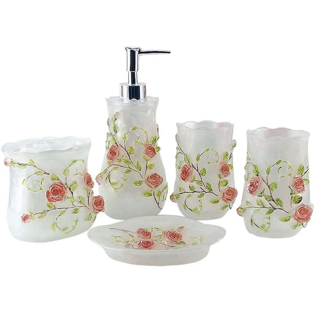 Watson Durable 5-Pc Freestanding French Country Bathroom Accessory Set - Pink Roses Resin Kit with Easy-Clean Lotion Dispenser, Toothbrush Holder, Tumblers, Soap Dish, Soap Remnants Don't Stick Feature, Bathroom Organizer Set