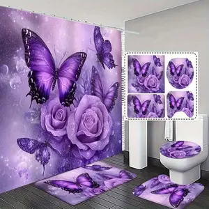 1/4pc Elegant Purple Butterfly Pattern Shower Curtain Set, includes non-slip mat, U-shaped rug, and toilet seat cover. Perfect for bathroom decoration accessories, partitioning, and beautifying the space. Comes with 12 shower curtain hooks.