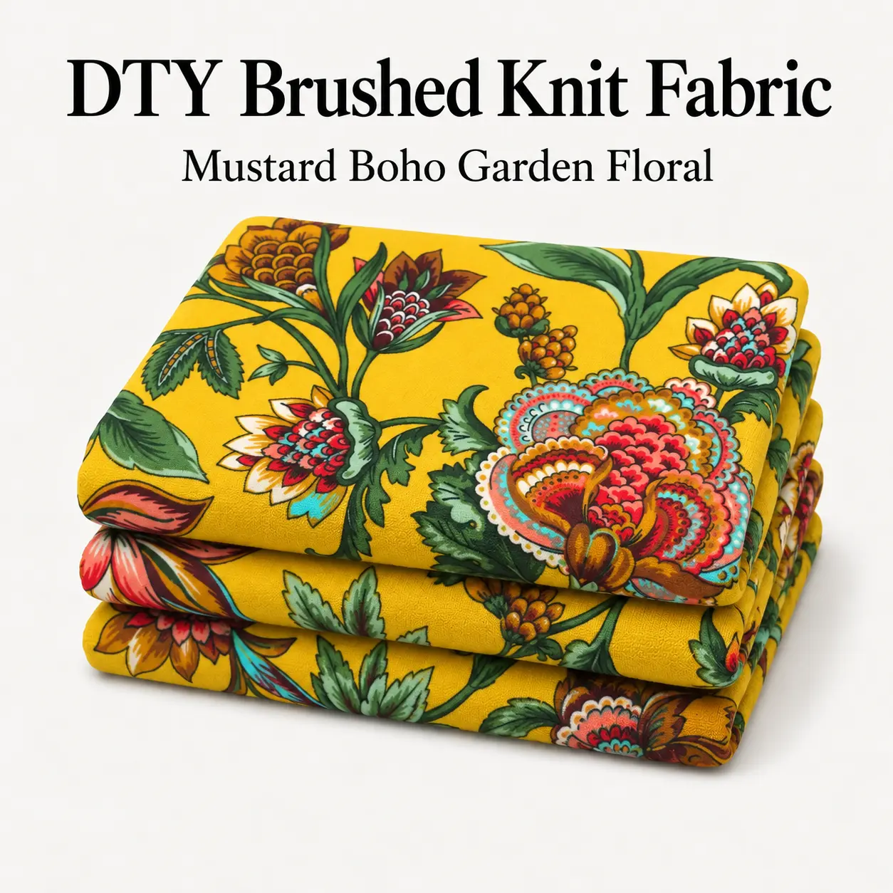 Mustard Boho Garden Floral DTY Brushed Knit Fabric, 96 Poly 4 Spandex, 4-Way Stretch, 58 in, 180 GSM, by the Yard