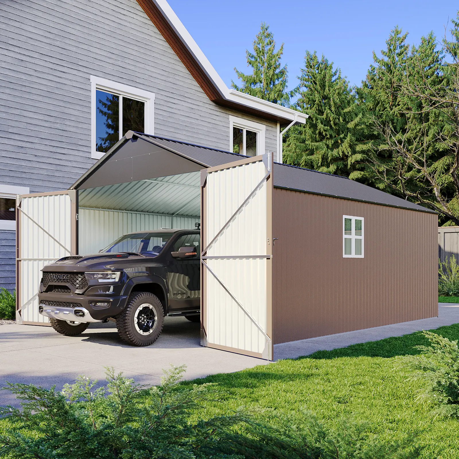 Aoxun Heavy Duty Metal Garage Carport 12'x20'x9.3 FT, Large Outdoor All-Weather Storage Shed with Lockable Double Doors, Side Entry Door & Vent Windows, Waterproof Rustproof for Car, Truck, RV, Lawn Equipment & Garden Tools, 1,700 Cubic Feet Storage