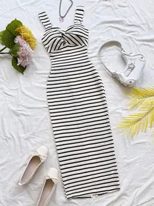 Elegant Striped Backless Sleeveless Knot Front Dress, Slim-Fitting Summer Fashion, Casual Chic Fitted, Comfortable Casual Travel Wear, Women's Stylish