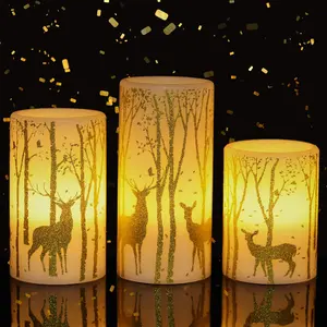 Flickering Candles Operated With 6 Hours Timer  Real Wax Led Pillar Deer Decal Warm Light Pack Of 3 Christmas Home Decor