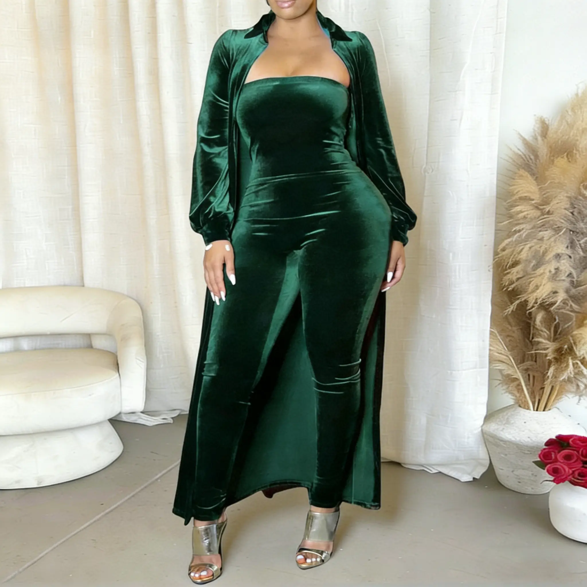 Kafiloe Sexy Velvet  Womens Sexy Velvet 2 piece sets Elegant Casual Outfits Long Sleeve Cardigan Tube Off Shoulder Bodycon Party Jumpsuits Set Clubwear Stretchy Fleece Velvet Solid Color Cover Up Outerwear Womenswear