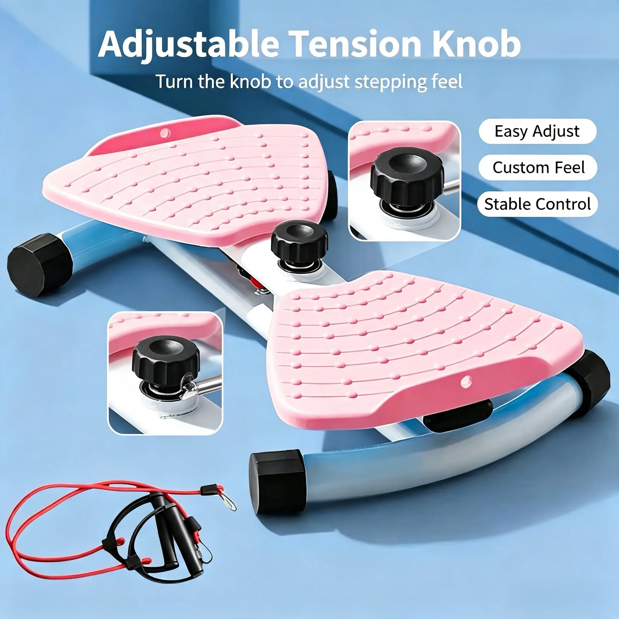 Adjustable Tension Knob for Stepping Feel Easy Adjust Custom Feel Stable Control with Pink Platform and Red Resistance Bands
