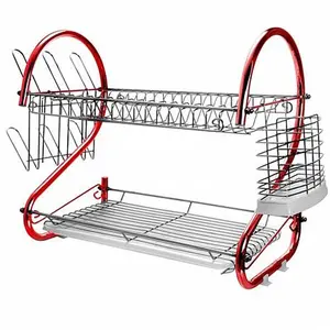 MegaChef 16 Inch Two Shelf Dish Rack in Red