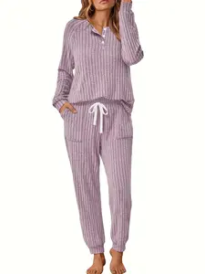 Women's Fall Winter Fashion Comfortable Knitted Set, Pure Color Striped Two-Piece Round Neck Button Long Sleeve Top + Drawstring Pants