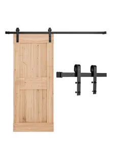6.6 Ft Sliding Barn Door Hardware Kit For A Single Barn Door In Black Finish, Track System With Rollers And Hangers, End Caps, Floor Guide, Door Stop, Handles, And Mounting Hardware For Interior Residential Sliding Doors