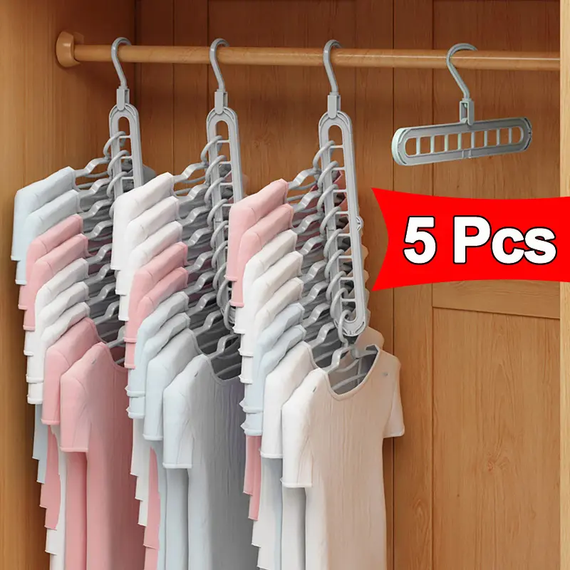 Set of 5 Sturdy Foldable Plastic Hangers Featuring 9 Holes - Designed to Prevent Slipping, These Porous Hangers Are Ideal for Organizing Clothes in Closets, Wardrobes, And Dorm Rooms While Saving Space