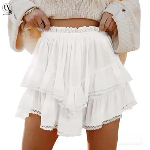 Automet Flowy Shorts for Women Casual Boho Ruffle Tiered Skorts High Waist Mini Skirts Golf Tennis Crochet Shorts Fallreshness High Waisted Ruffled Pleated Skater Skirt in Cotton Solid Color