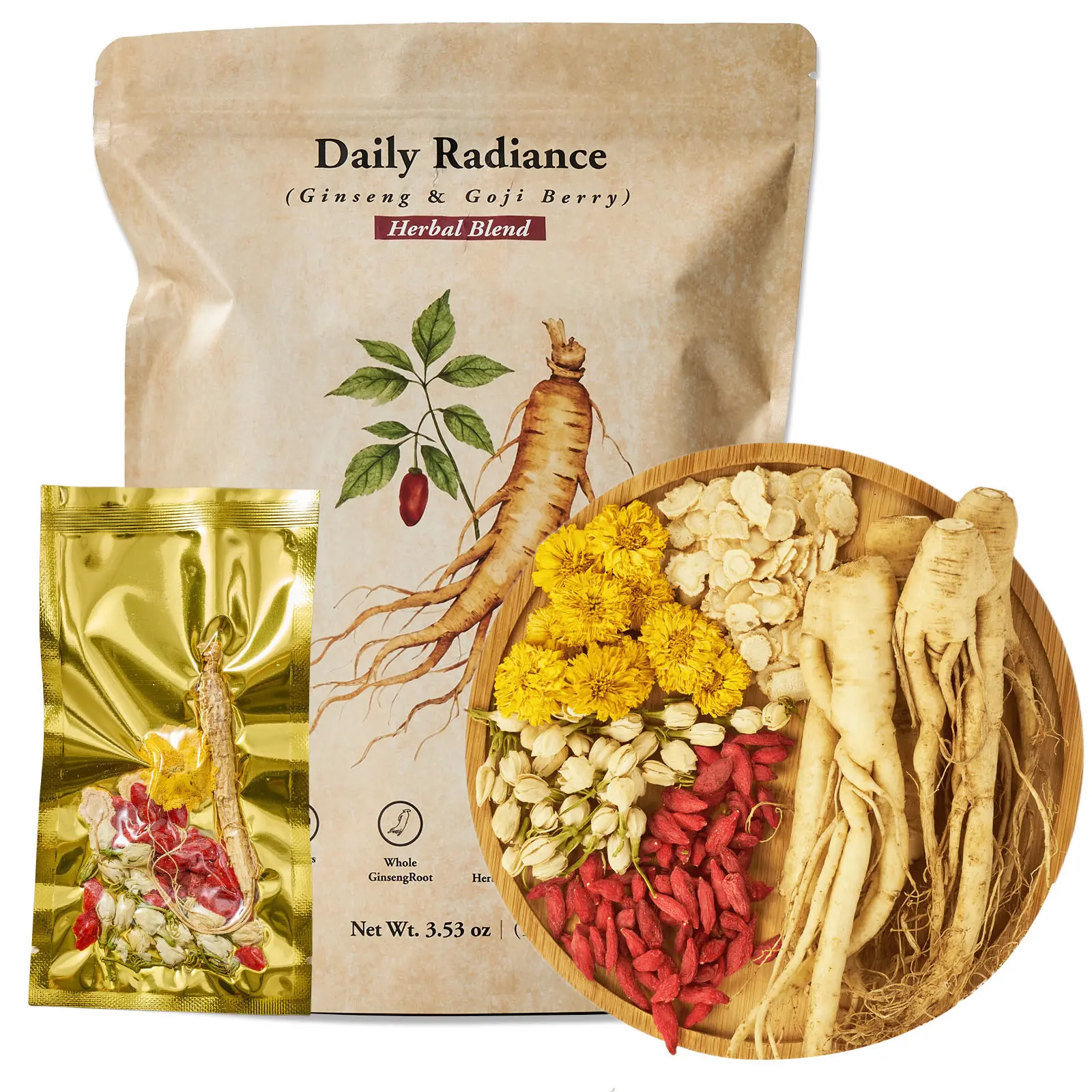 Teaverse Whole Ginseng Tea with Goji Berry, 20+ Whole Ginseng Roots, Caffeine-Free Herbal Energy Tea for Daily Vitality, Focus & Long Workdays, 20 Bags