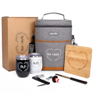 Hap Tim Wine Cooler Bag Insulated Wine Carrier Tote with Tumblers, Bamboo Cheese Borad Wedding Gifts for Couples, Bridal Shower Gifts, Engagement Gifts for Newlyweds, Mr and Mrs gifts