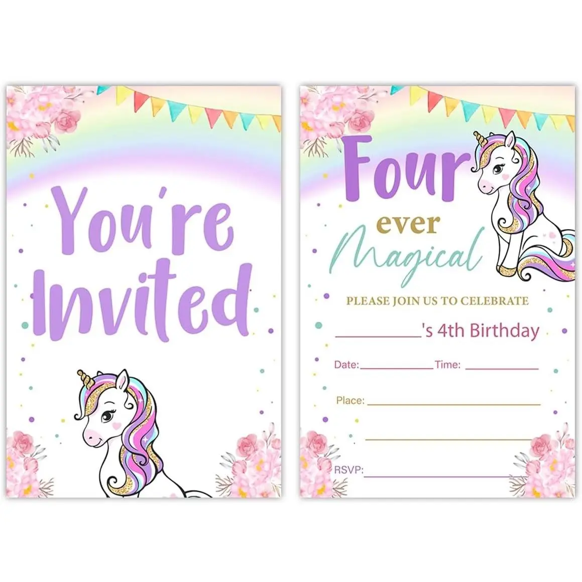 Unicorn 4th Birthday Invitations Four Ever Magical Invites with Envelopes | Four Ever Magical Unicorn Girl Forth Birthday Invitation Cards Set of 20 for Birthday Party