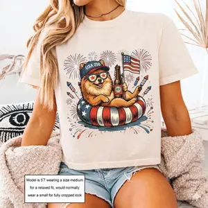 Comfort Colors Boxy Tee Pomeranian Dog Graphic Tee Cropped Shirt Womens USA Flag Puppy Shirt 4th of July Vintage 90s Aesthetic Dog Lover Gift